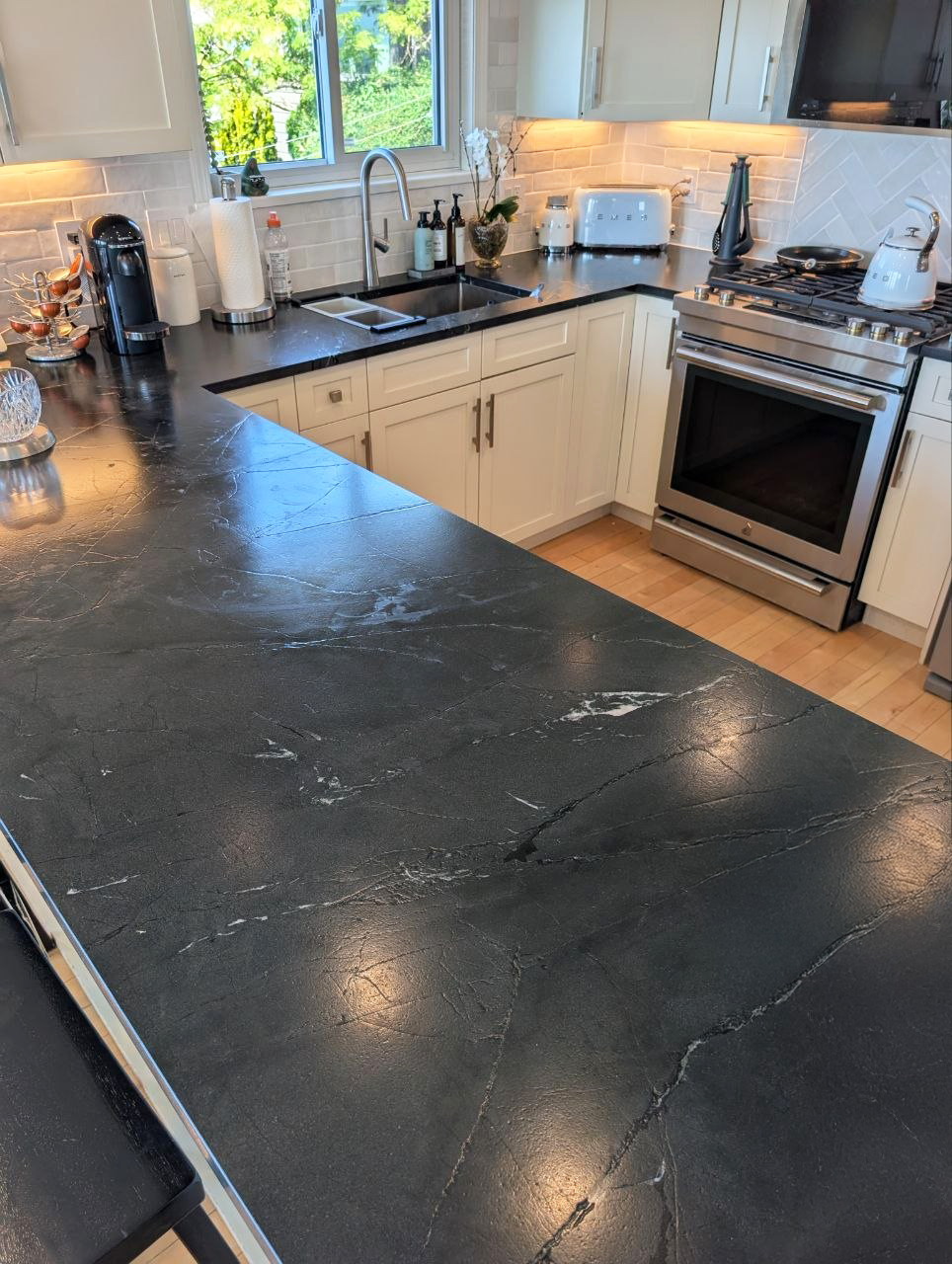 White Rock kitchen — honed soapstone island counter detail