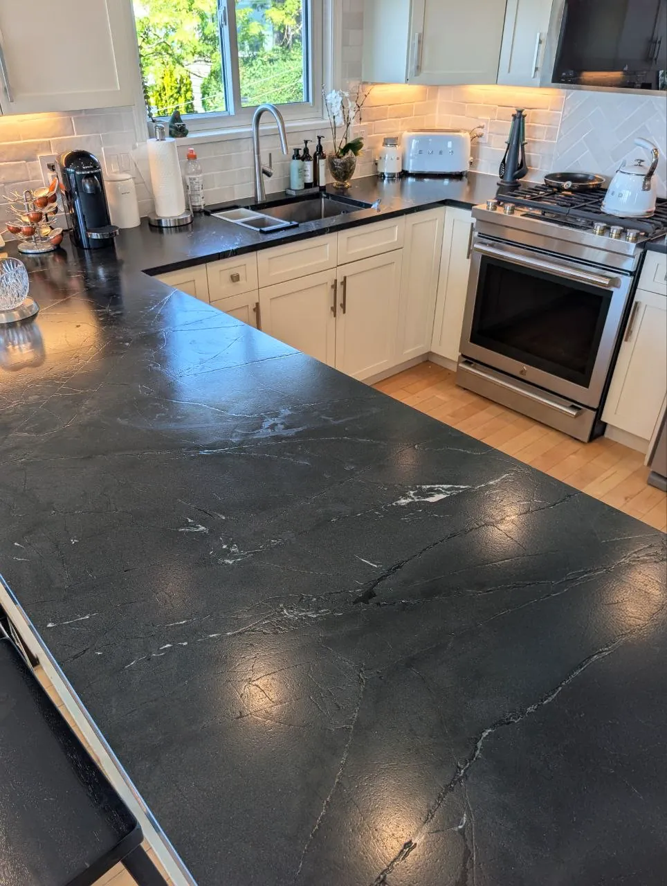 White Rock whole-home renovation — soapstone kitchen counter detail, White Rock BC